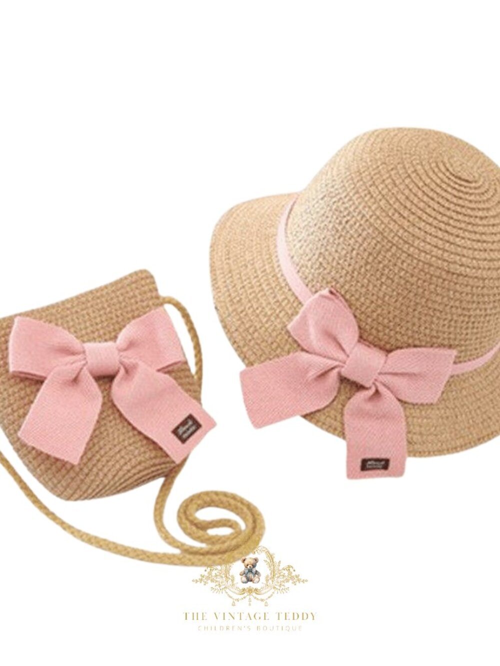 NWT Pretty Girls Straw Sun Hat & Matching Handbag Kids Accessories Bow Pink OS